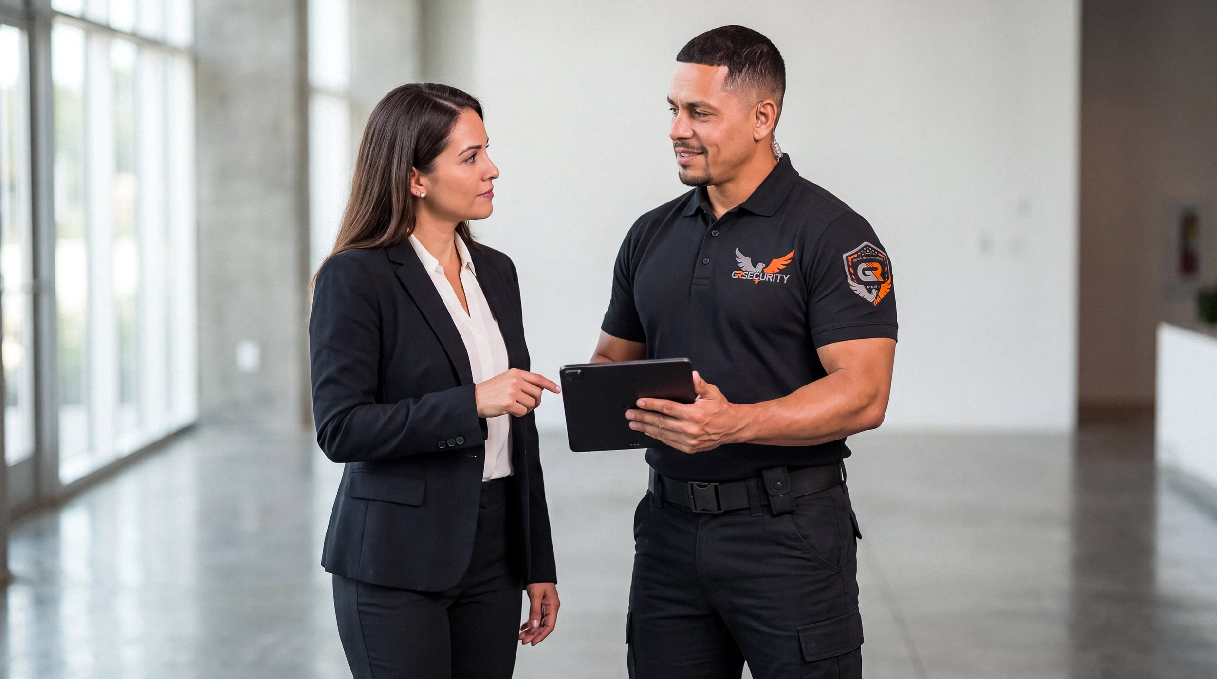 Guardia de seguridad atendiendo a cliente